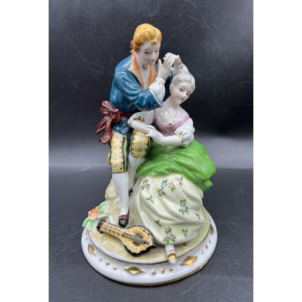 Antique Vintage Hand Painted Porcelain Courting Couple w Instrument Figurine 7"